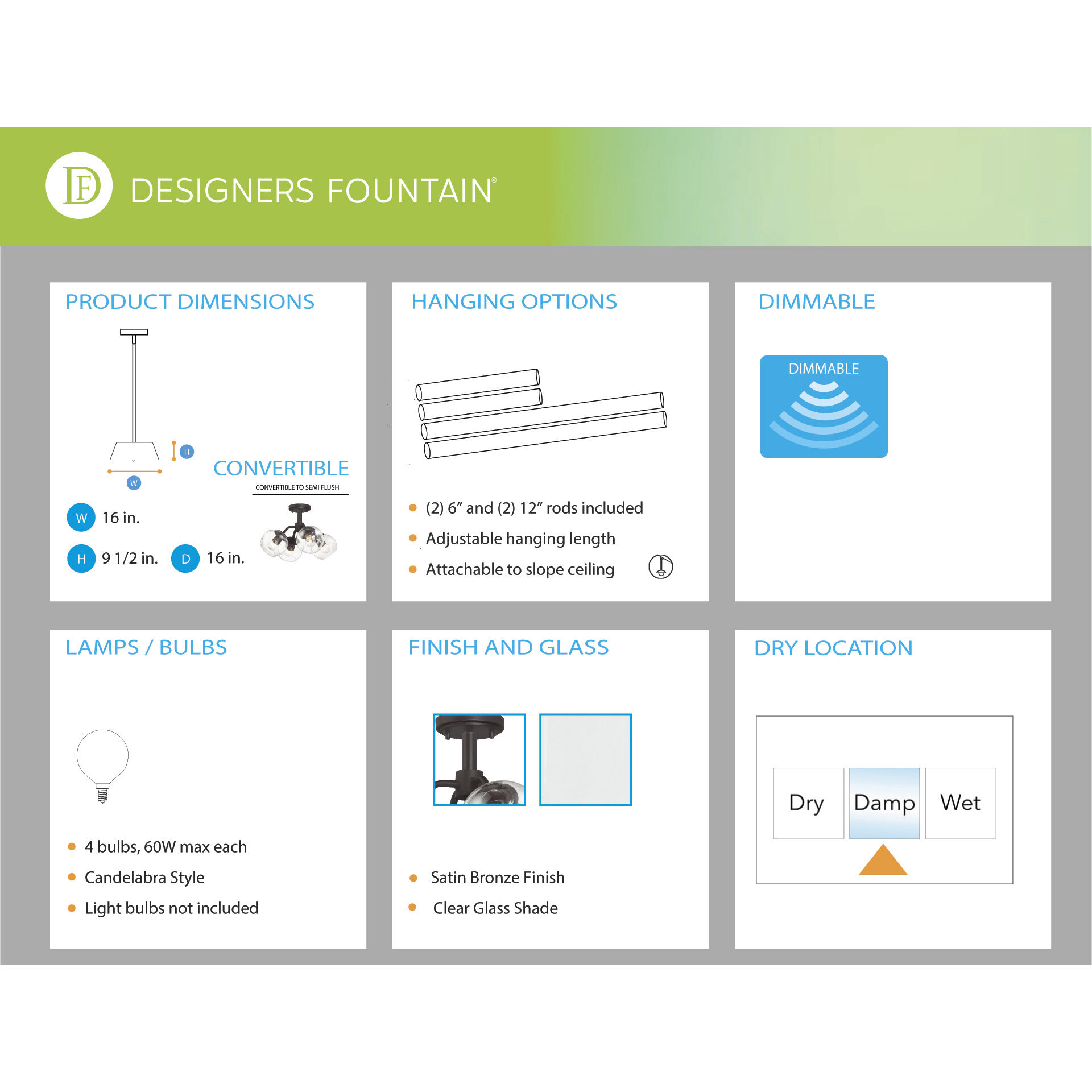 Meridian 4 Light 16 inch Satin Bronze Semi-Flush/Pendant Ceiling Light, Convertible to Semi-Flush Mount